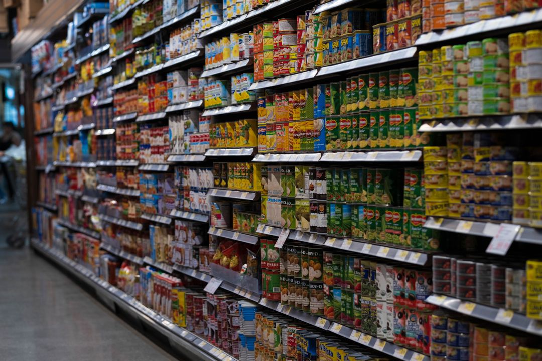 Donated tins of cat food stacked on a pantry shelf